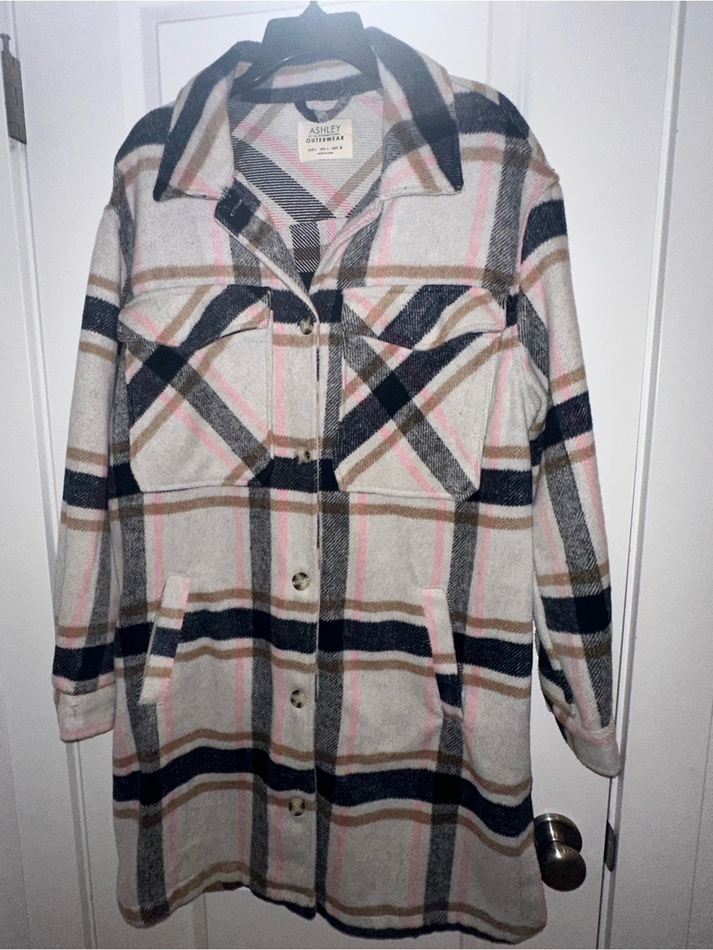 Ashley By 26 International Plaid Utility Shacket in Cream, Pink & Navy